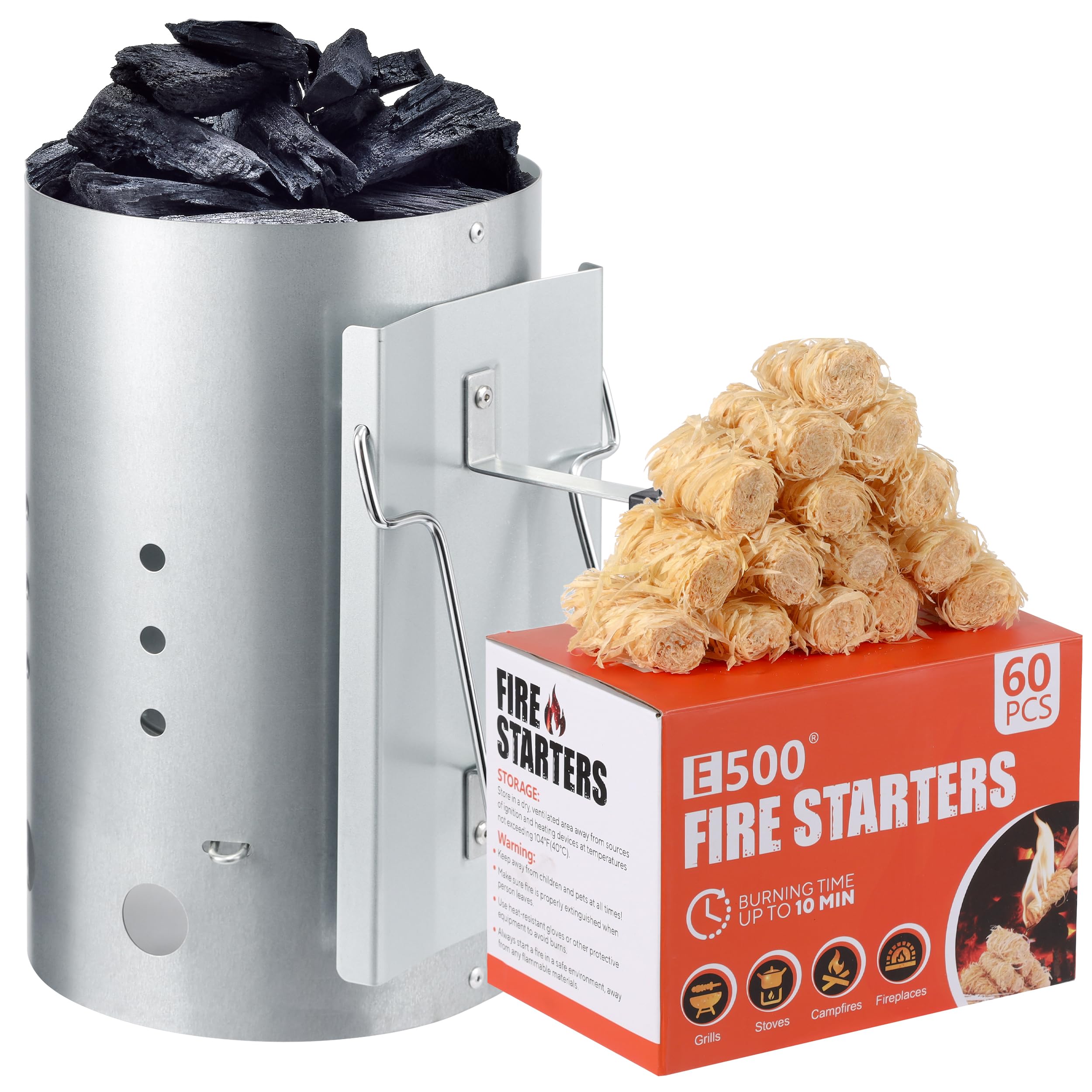 E500 charcoal chimney starter in box for fast, even ignition without lighter fluid.