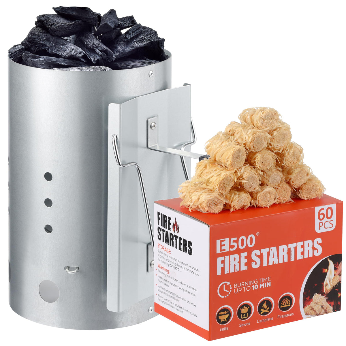E500 charcoal chimney starter in box for fast, even ignition without lighter fluid.