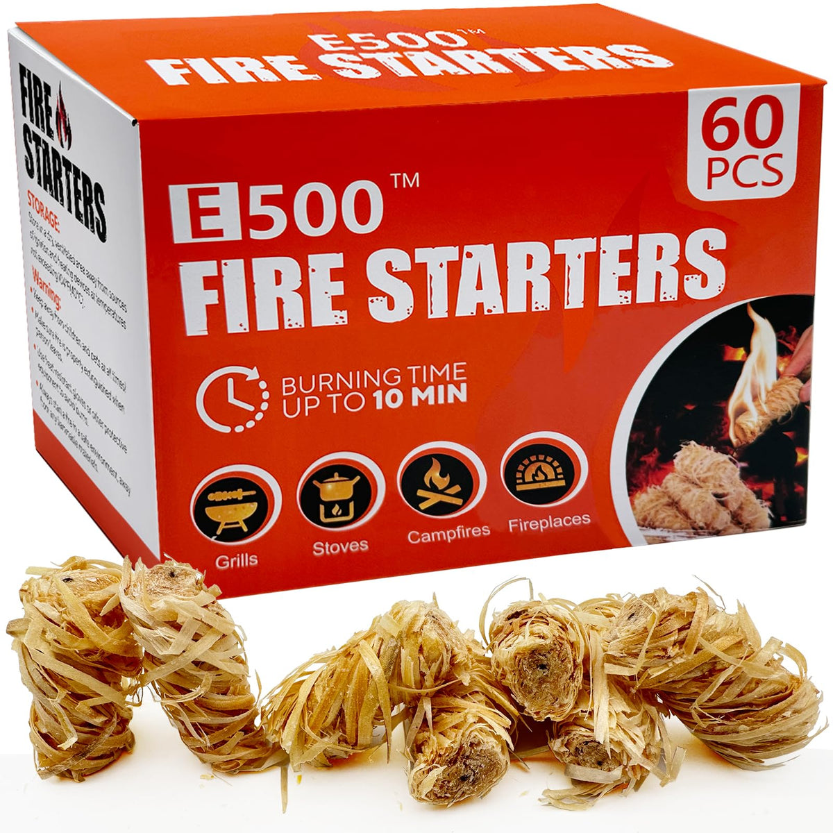 E500 fire starter pine 60-pack for quick, odorless ignition outdoors