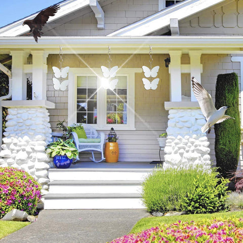 EACILLES butterfly-disc garden ornament doubles as bird deterrent.