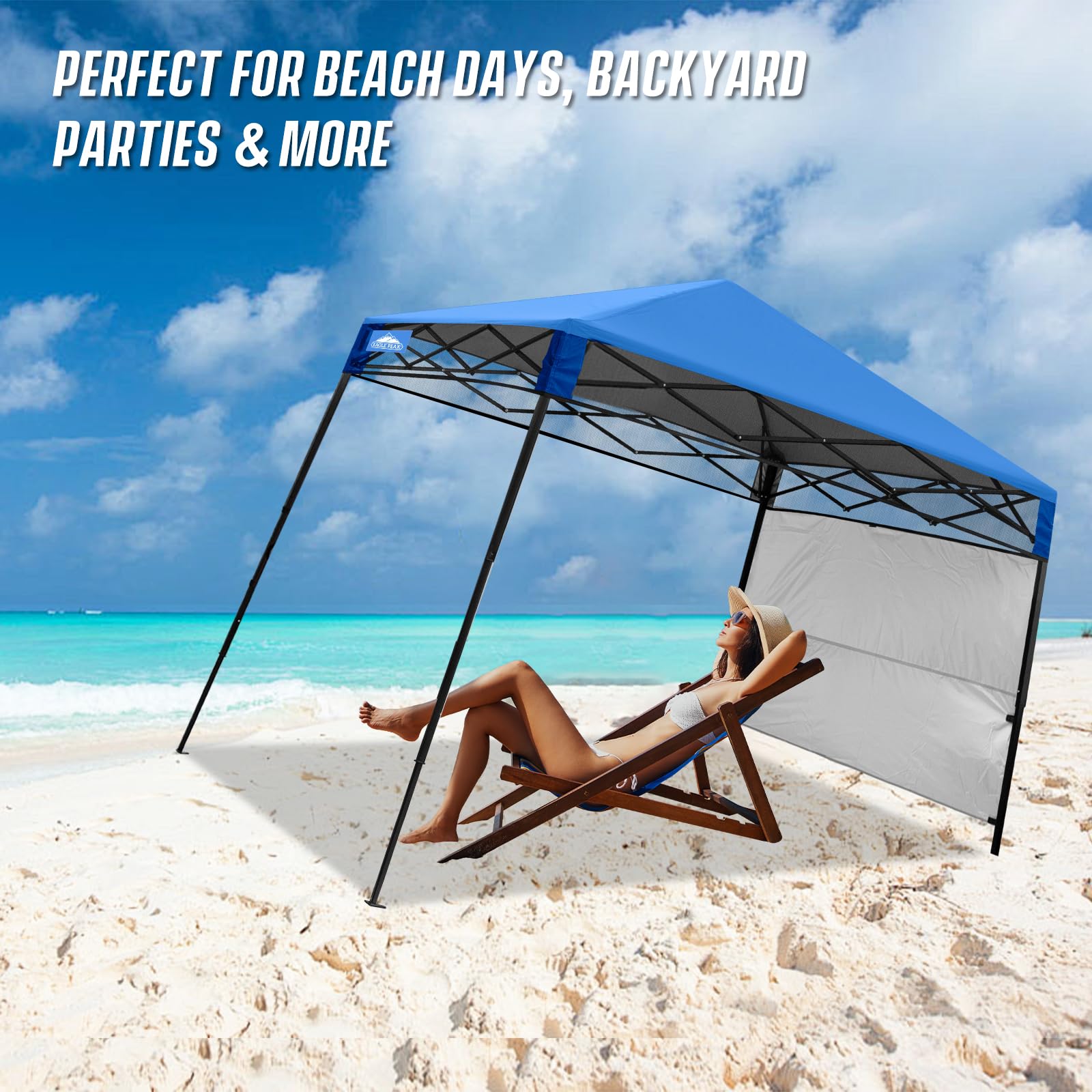 Eagle Peak height-adjustable legs adapt to sun angles for better coverage.