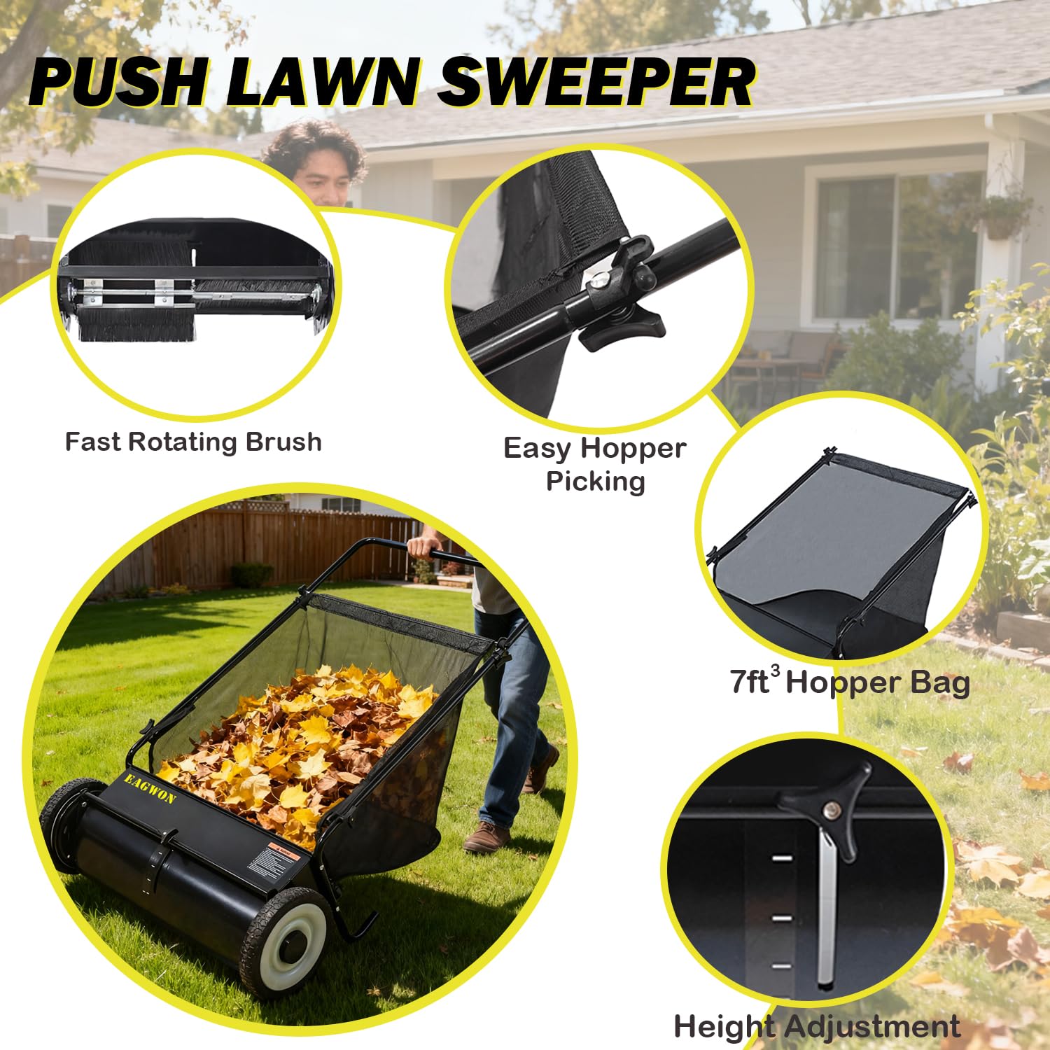 EAGWON lawn sweeper four brushes for thorough pickup