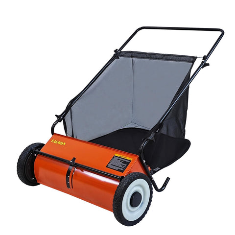 EAGWON Push Lawn Sweeper in action with a 26-inch wide sweep for efficient debris pickup