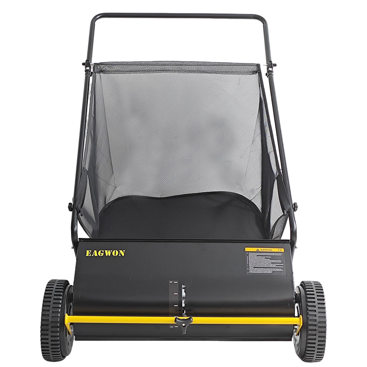 EAGWON lawn sweeper showing four spinning brushes for debris capture.