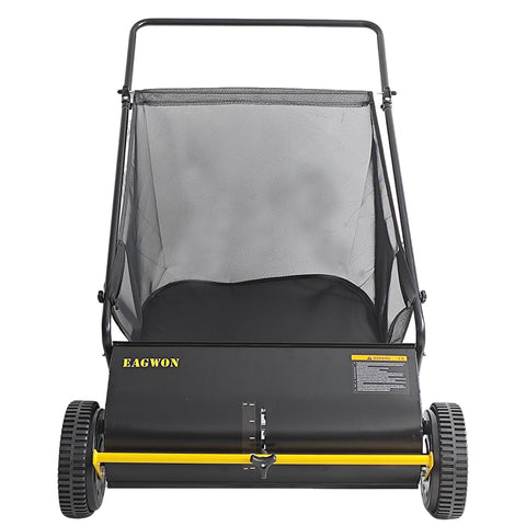 EAGWON lawn sweeper showing four spinning brushes for debris capture.