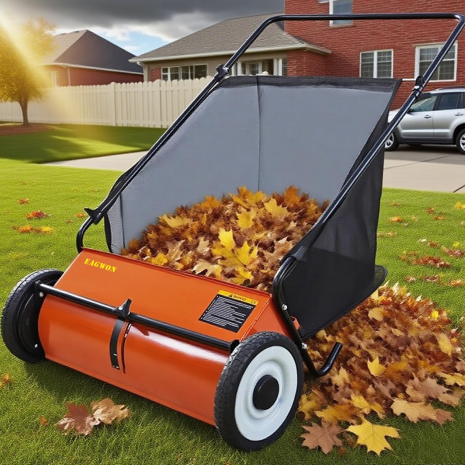 7-cu-ft hopper full of leaves on the EAGWON sweeper for longer cleaning sessions