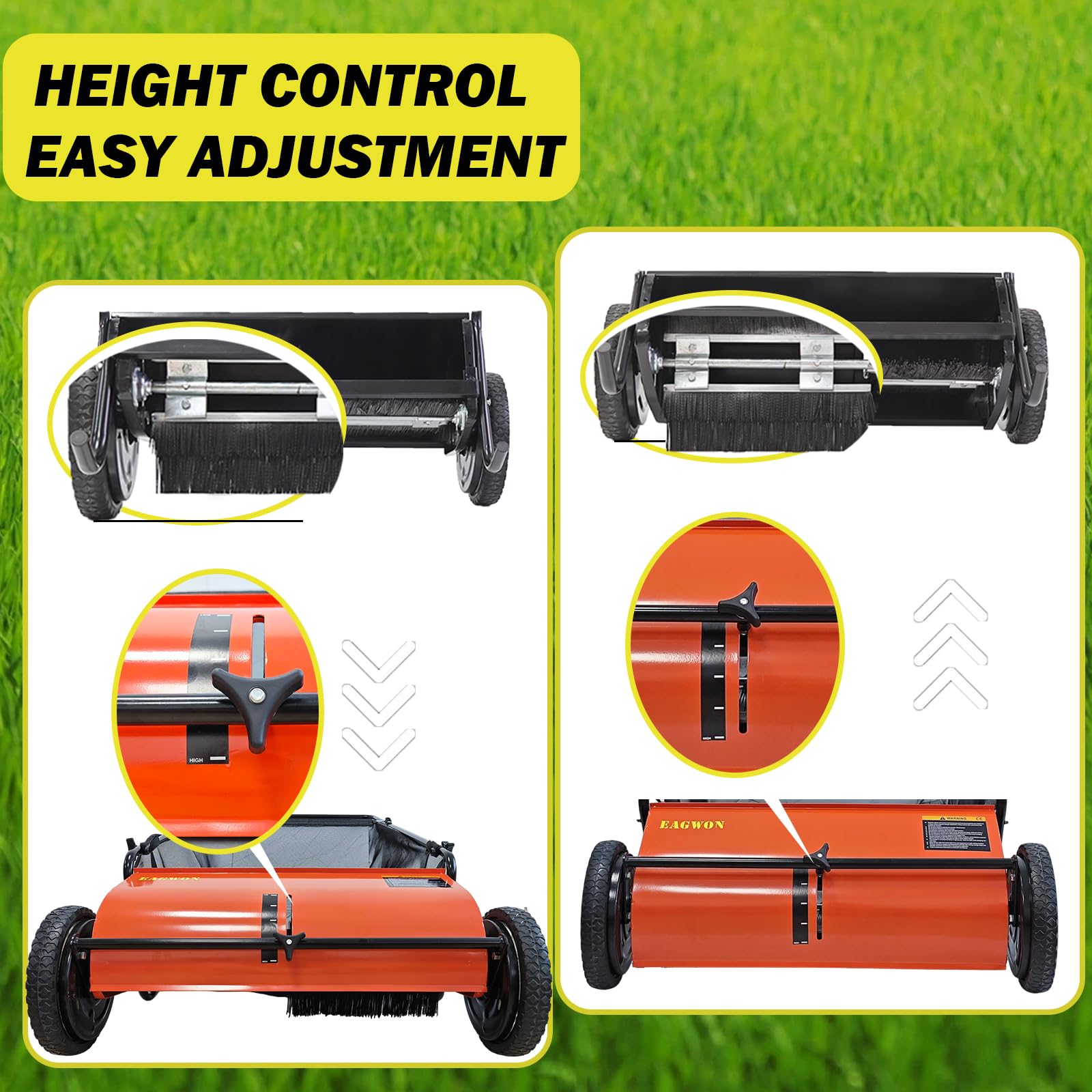 Bright orange finish of the EAGWON sweeper enhances visibility and usability