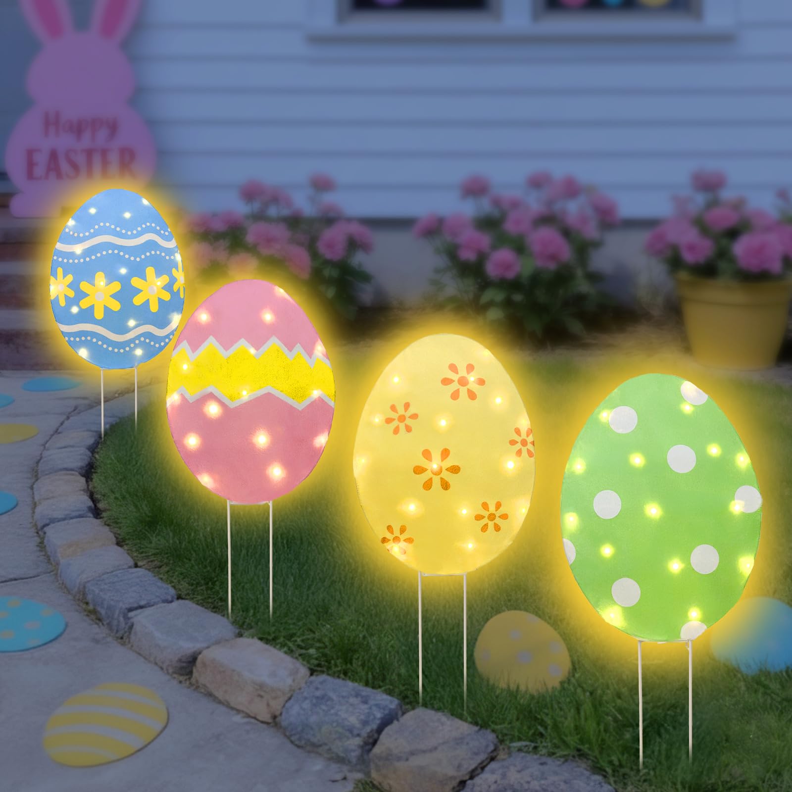 EAMBRITE Easter egg lights illuminate garden pathway with warm, festive glow