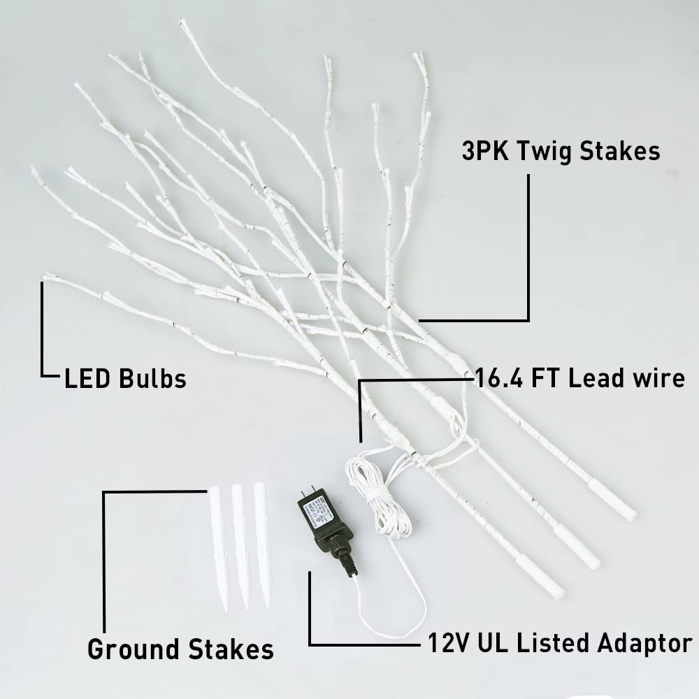 EAMBRITE indoor/outdoor willow branch lights with three sturdy ground stakes