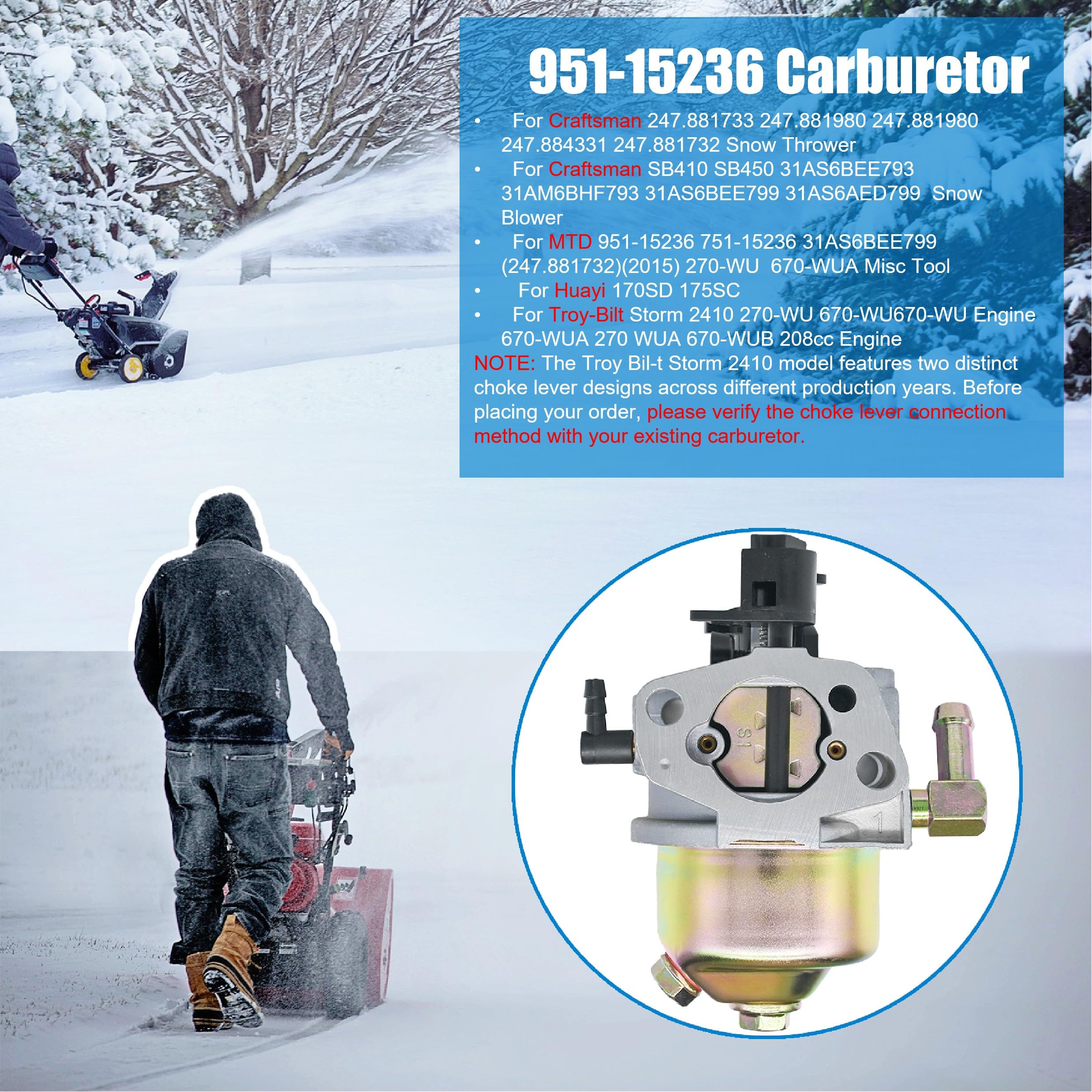 Eamonhigh 951-15236 carburetor kit with gaskets and fuel lines for snow blowers