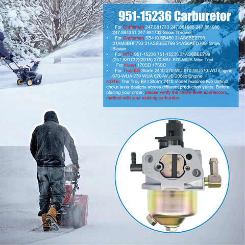 Eamonhigh 951-15236 carburetor kit with gaskets and fuel lines for snow blowers