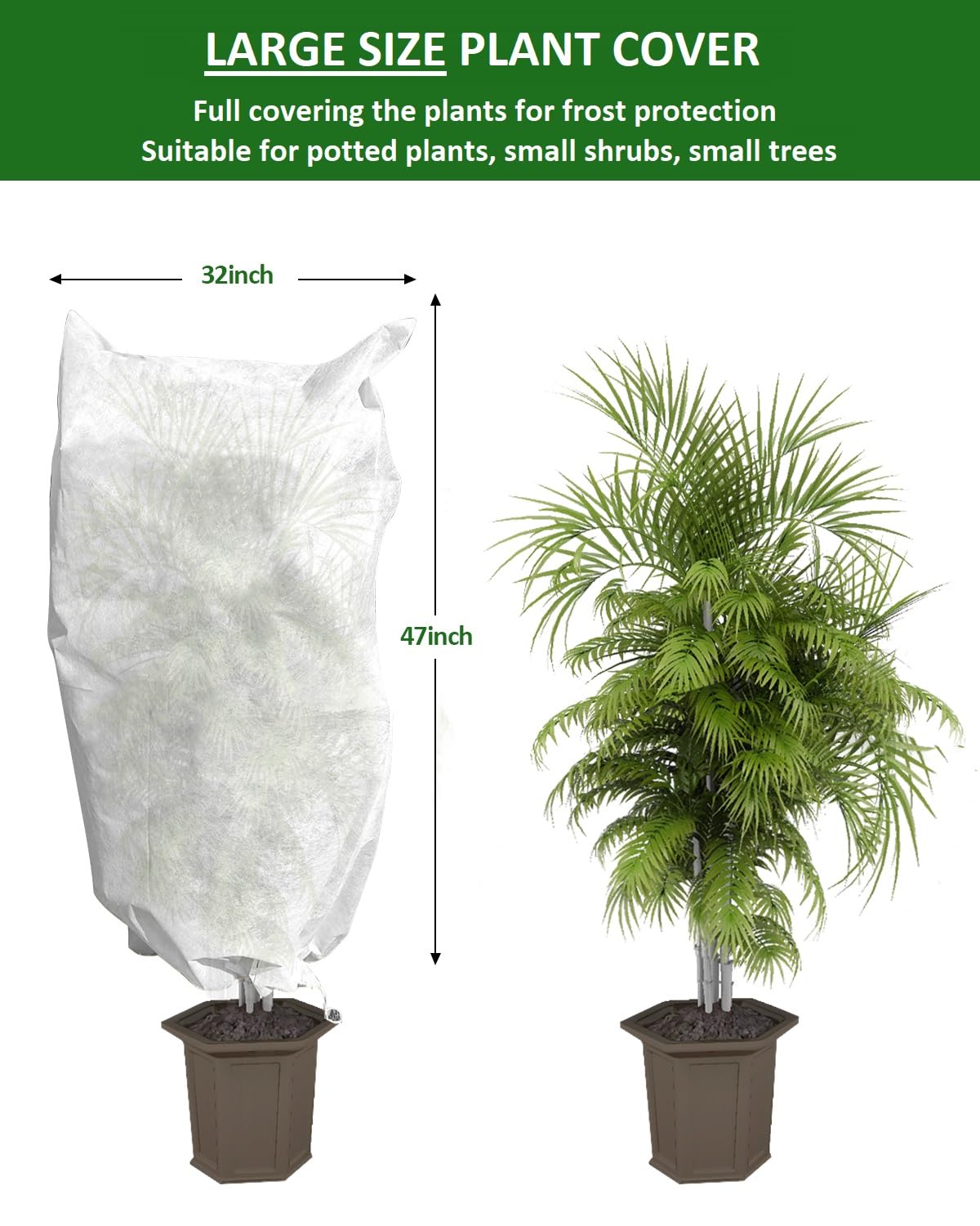 EAONE drawstring plant cover demonstrates quick, secure on-off protection before snowfall.