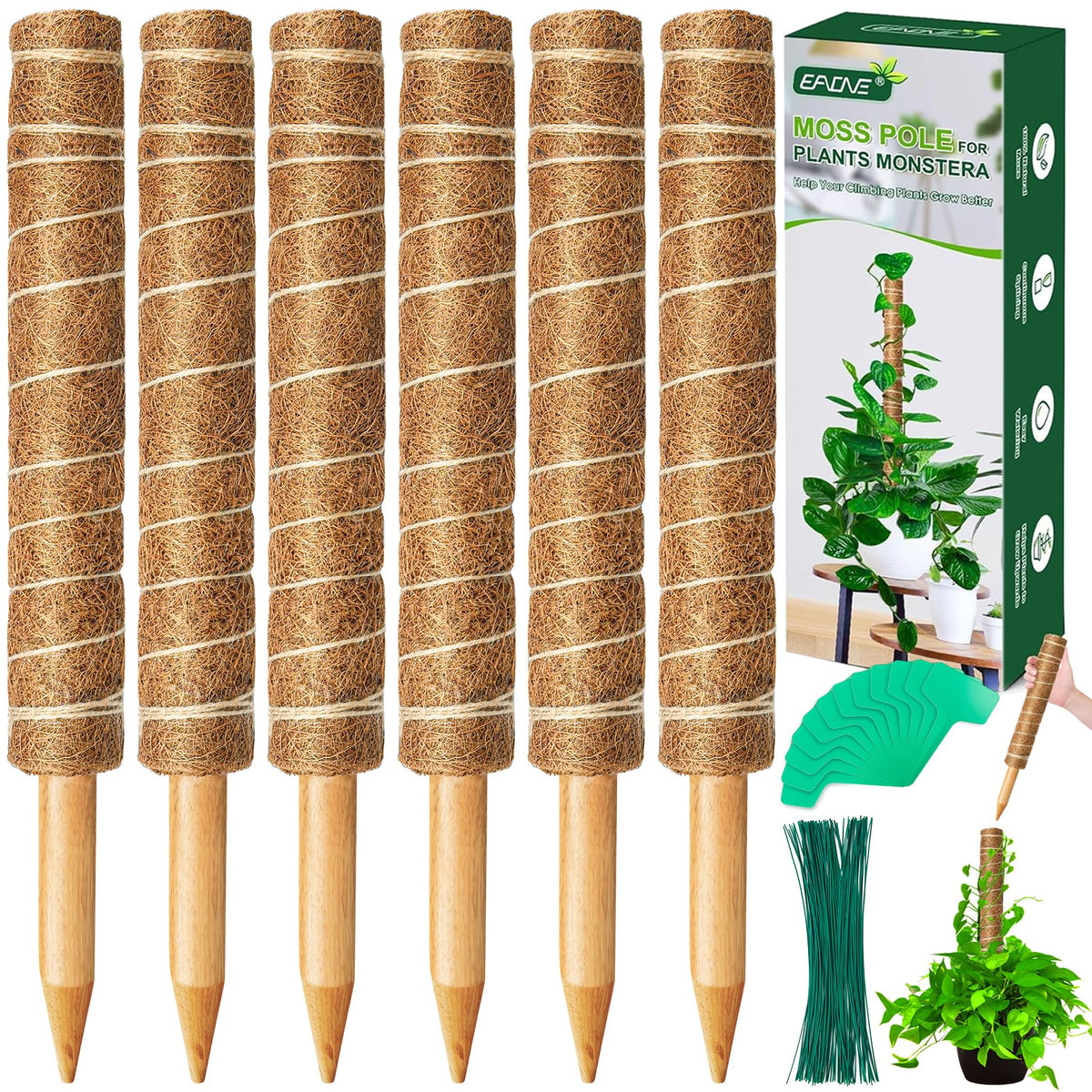 EAONE moss pole stackable assembly supports climbing plants for vertical growth.
