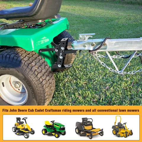 Eapele hitch fits John Deere and other popular riding mowers.