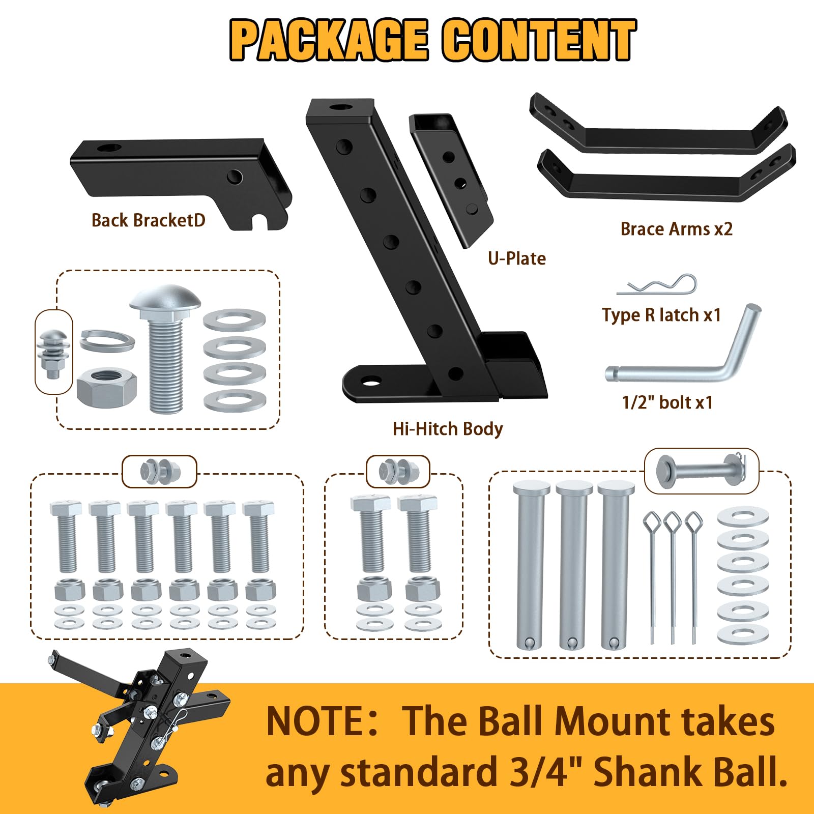 Eapele trailer hitch includes mounting hardware for quick setup.
