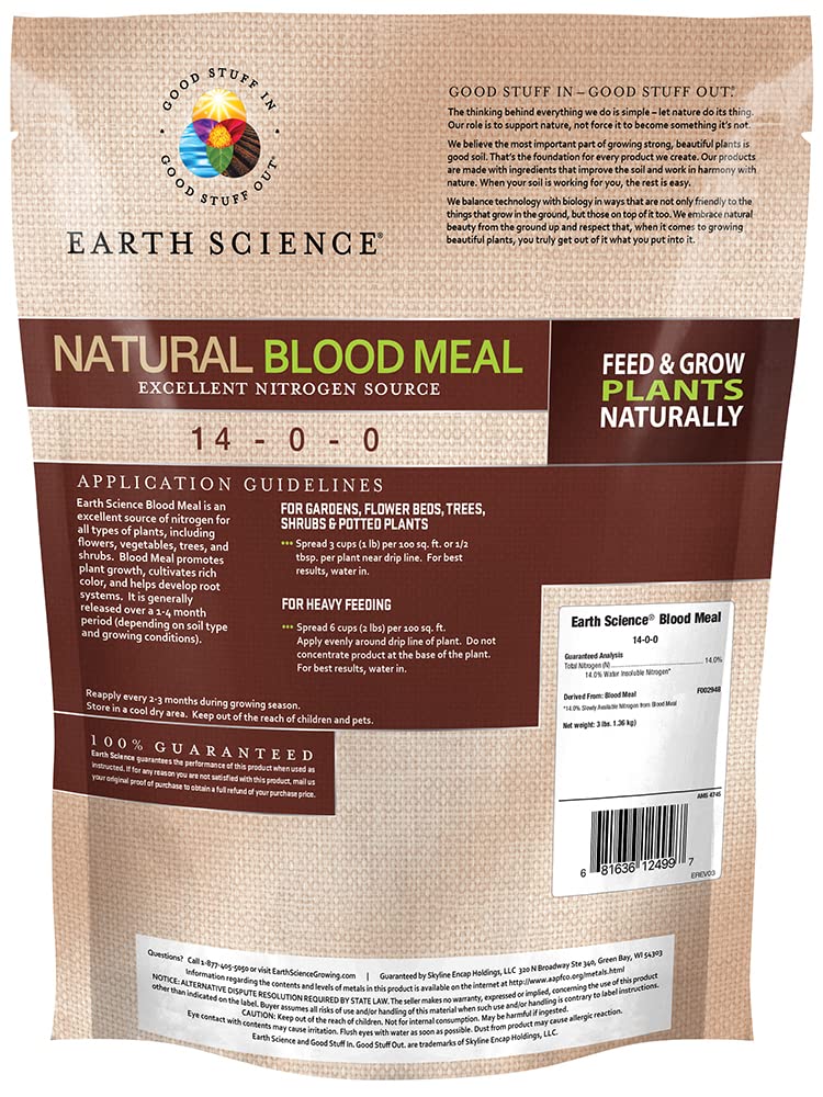 Earth Science Blood Meal bag showing organic nitrogen for soil nourishment.