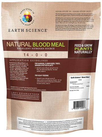 Earth Science Blood Meal bag showing organic nitrogen for soil nourishment.