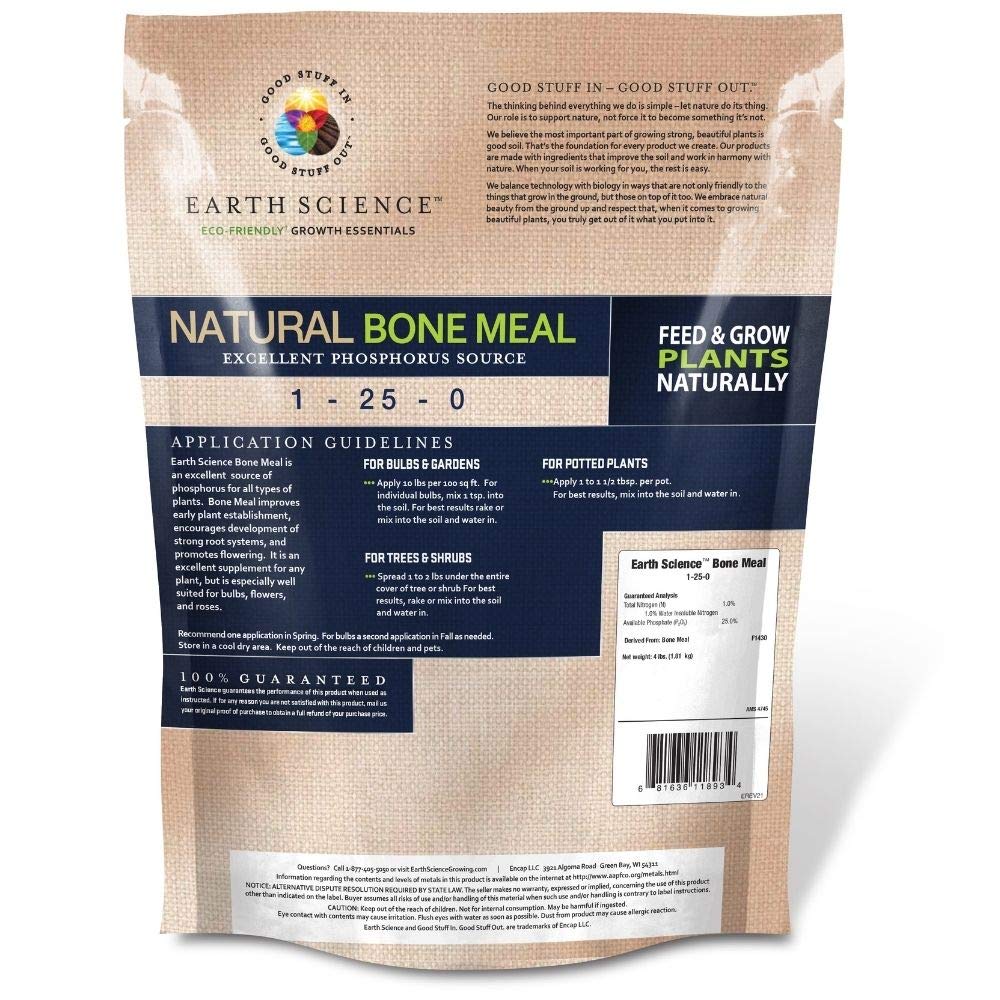 Earth Science bone meal plant food applied to garden beds for robust roots