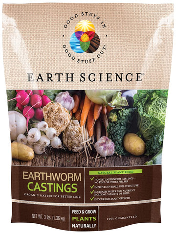 Earth Science Earthworm Castings bag ready for soil health and moisture retention.