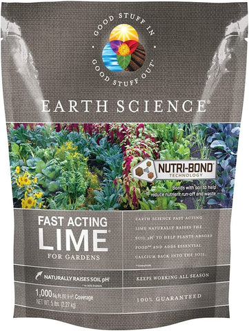 Earth Science Fast Acting Lime Granules bag shown for lawn pH lift and nutrient uptake.