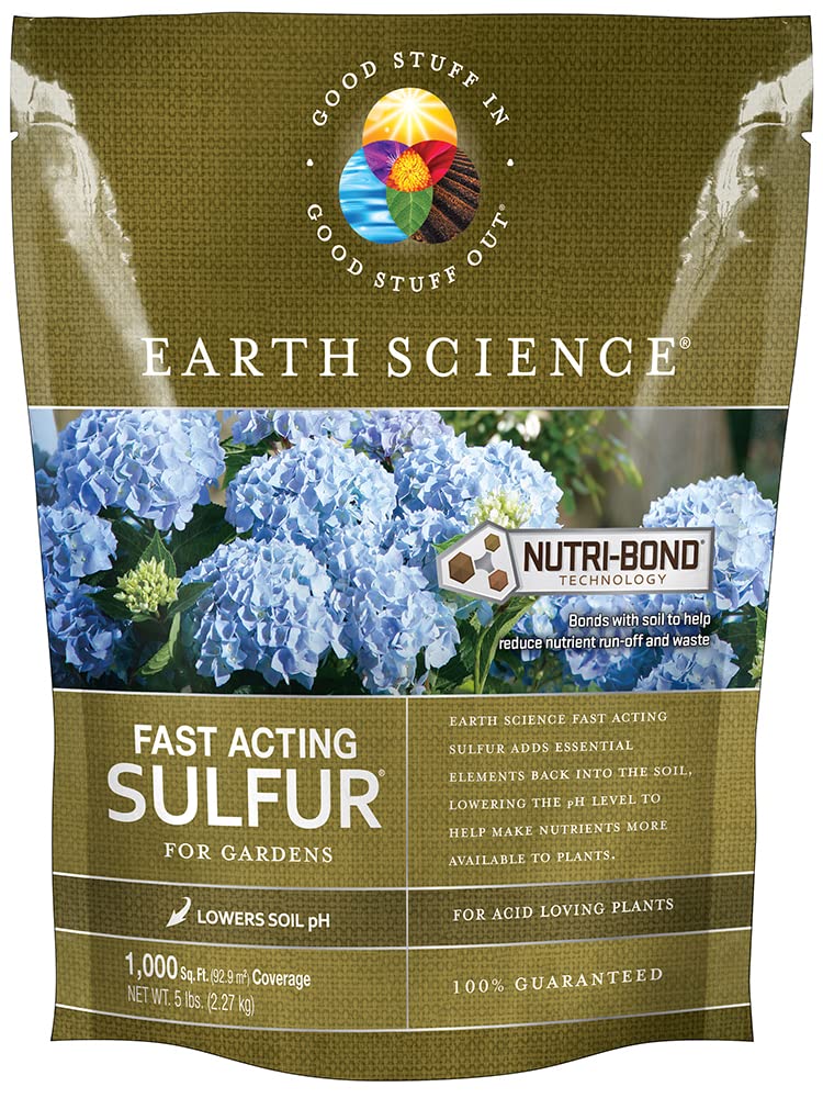 Earth Science fast acting sulfur bag showing quick pH balance for healthier growth.