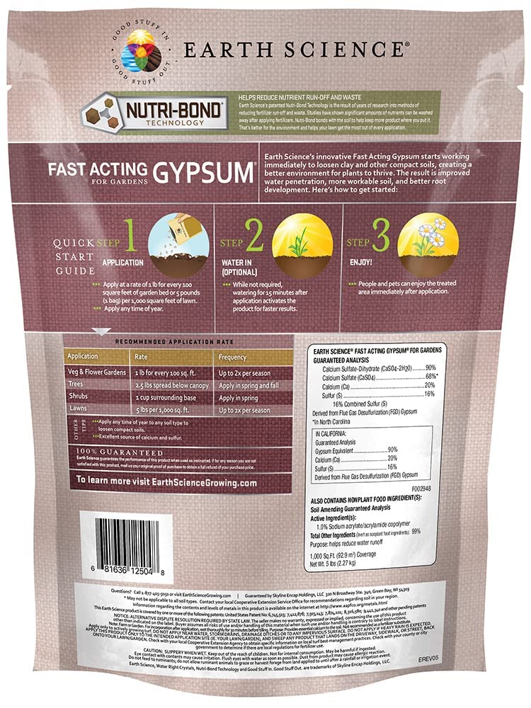 Earth Science gypsum granules close-up showing pelletized texture for quick soil penetration