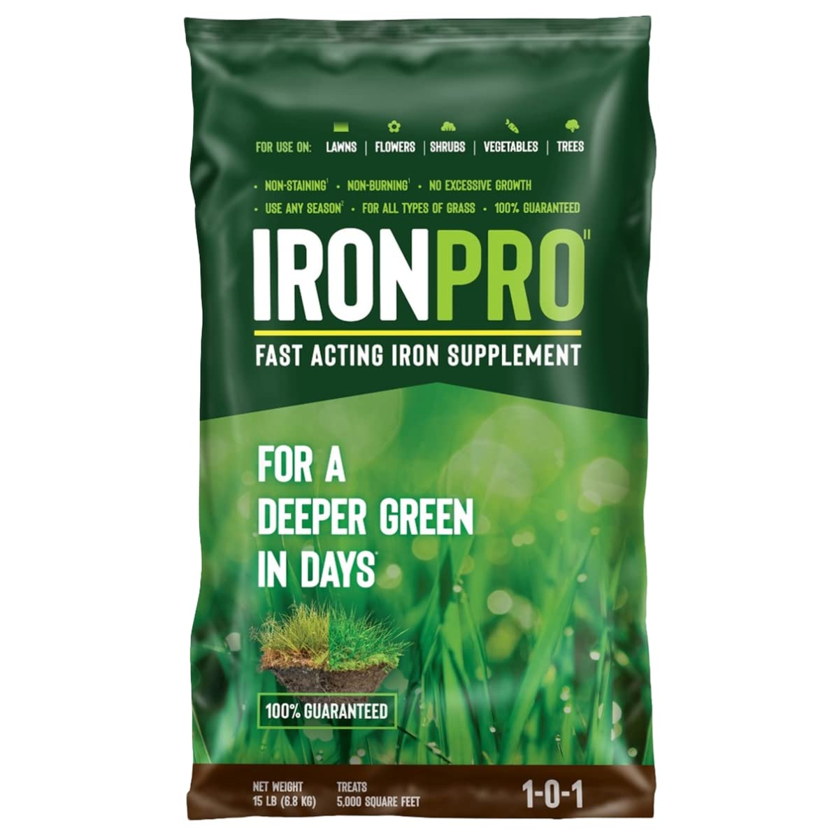 Earth Science IronPro bottle pouring iron supplement for fast lawn color.