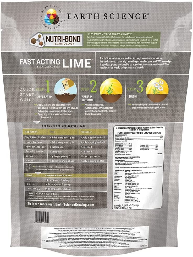 Earth Science Lime Granules spread on a lawn to adjust soil pH quickly.