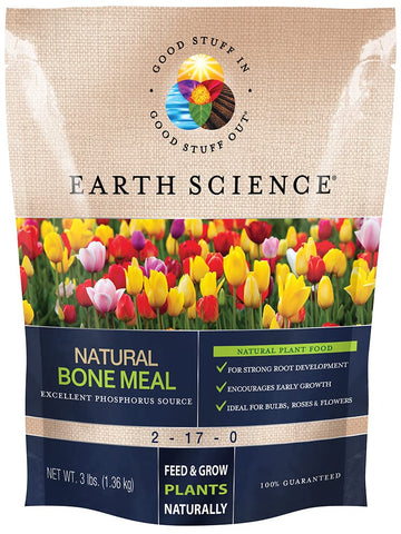 Earth Science Natural Bone Meal bag boosting soil nutrients for healthy roots.