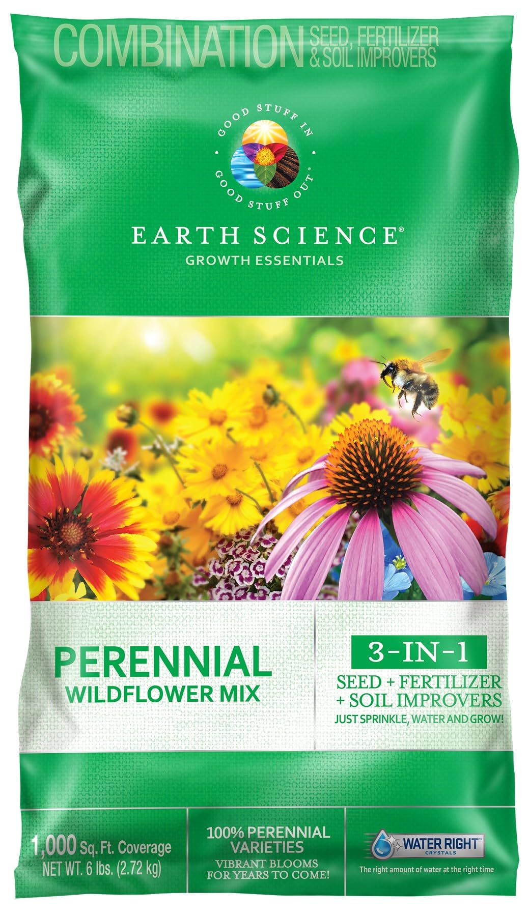 Earth Science Perennial Wildflower Mix bag showing all-in-one planting kit with seeds and conditioners