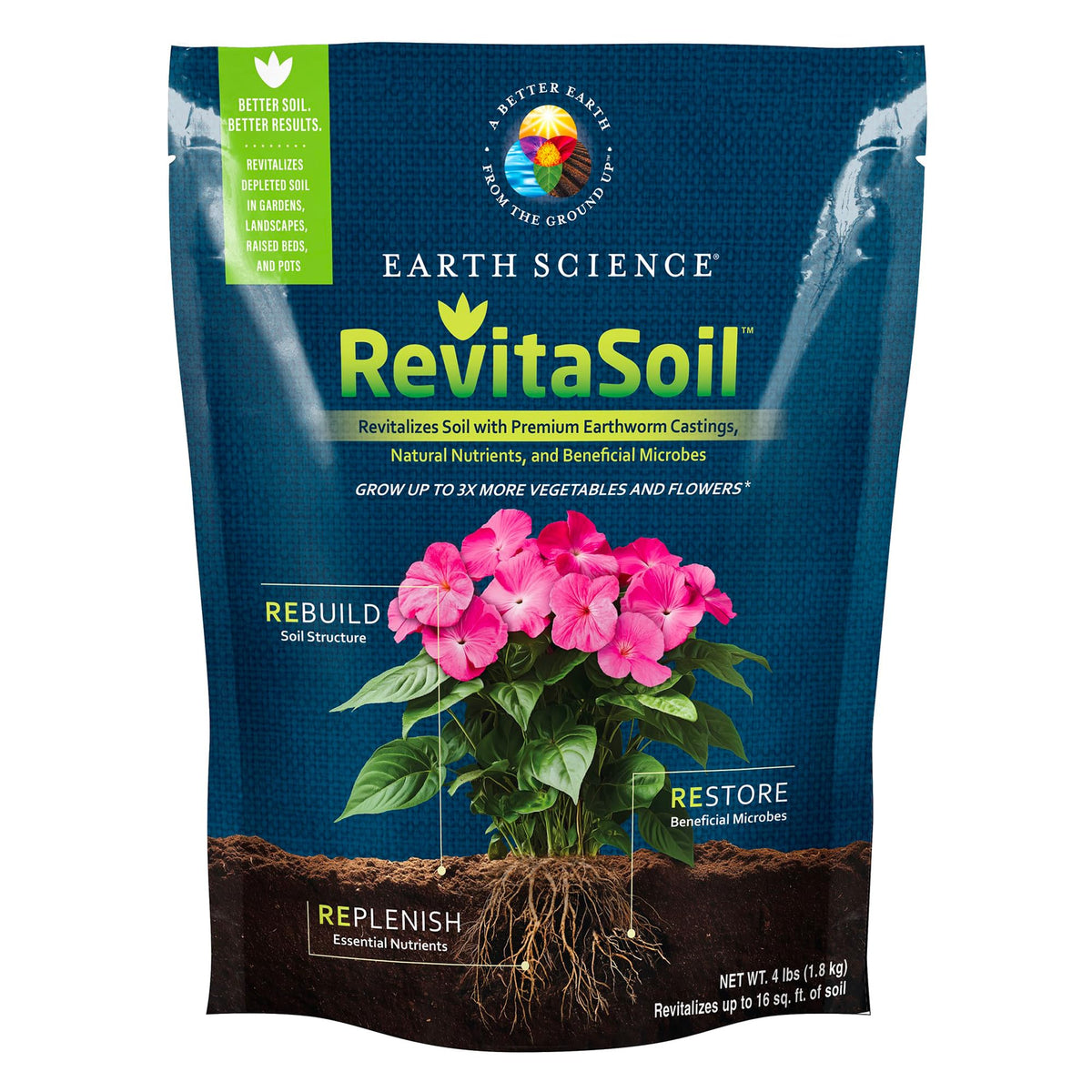 Earth Science RevitaSoil 4 lb bag boosts soil health and vigor.