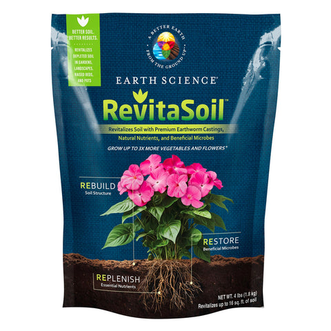Earth Science RevitaSoil 4 lb bag boosts soil health and vigor.