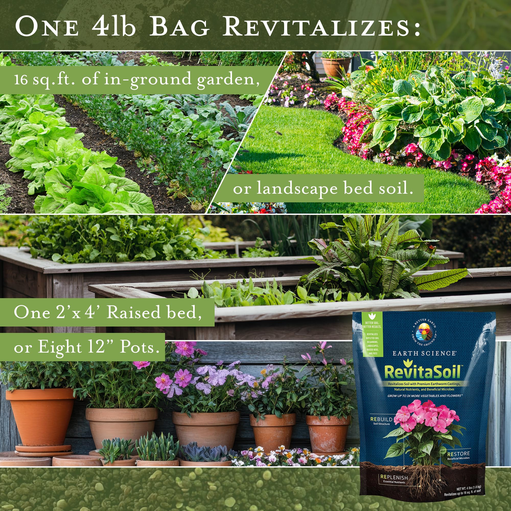 Earth Science RevitaSoil application shown for raised beds and pots.
