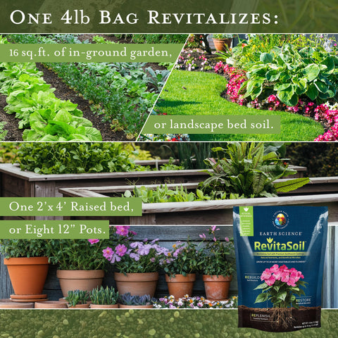 Earth Science RevitaSoil application shown for raised beds and pots.