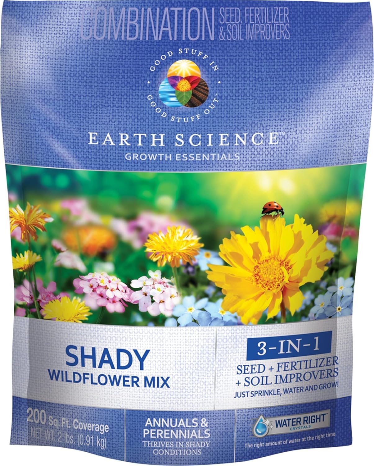 Earth Science Shady Wildflower Mix 2lb bag front shows an all-in-one planting solution for shade garden growth