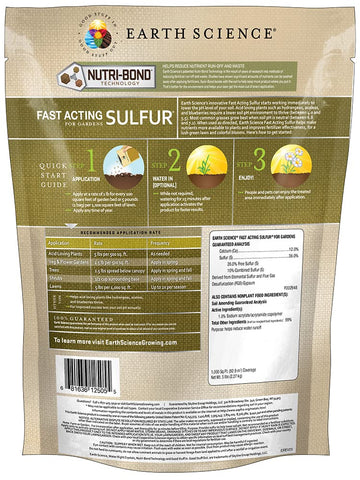 Earth Science sulfur granules lower soil pH to support acid-loving plants.