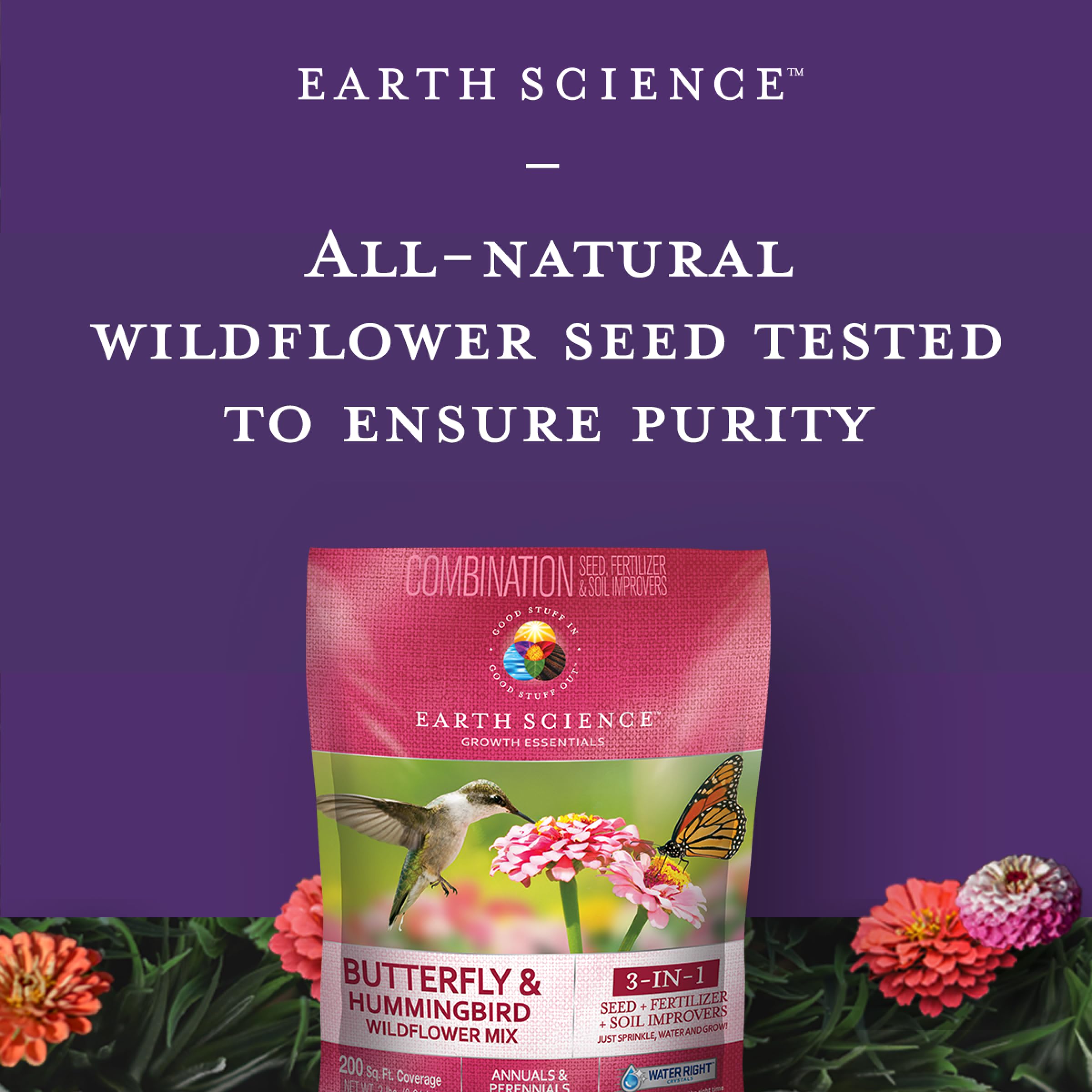 Earth Science seed mix blends annuals and perennials for long-lasting pollinator support.