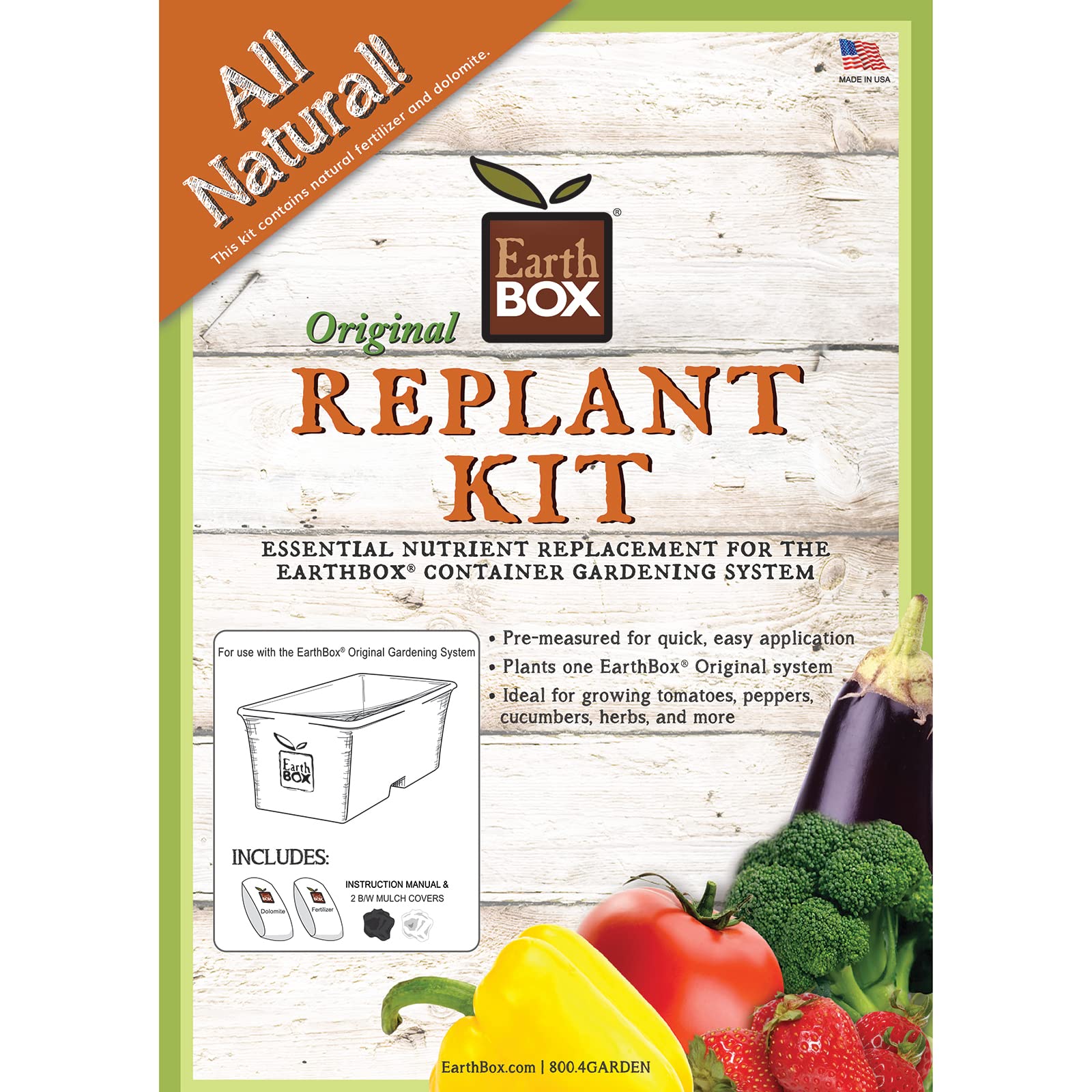 EarthBox Novelty replant kit with 8-3-5 nutrients enables easy seasonal reuse.