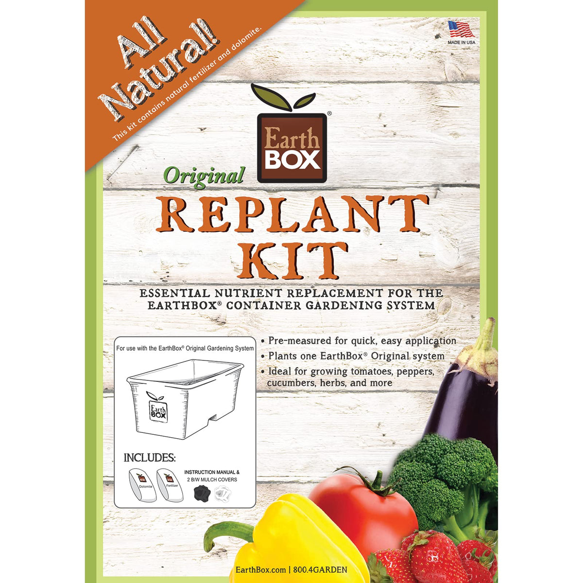 EarthBox Novelty replant kit with 8-3-5 nutrients enables easy seasonal reuse.