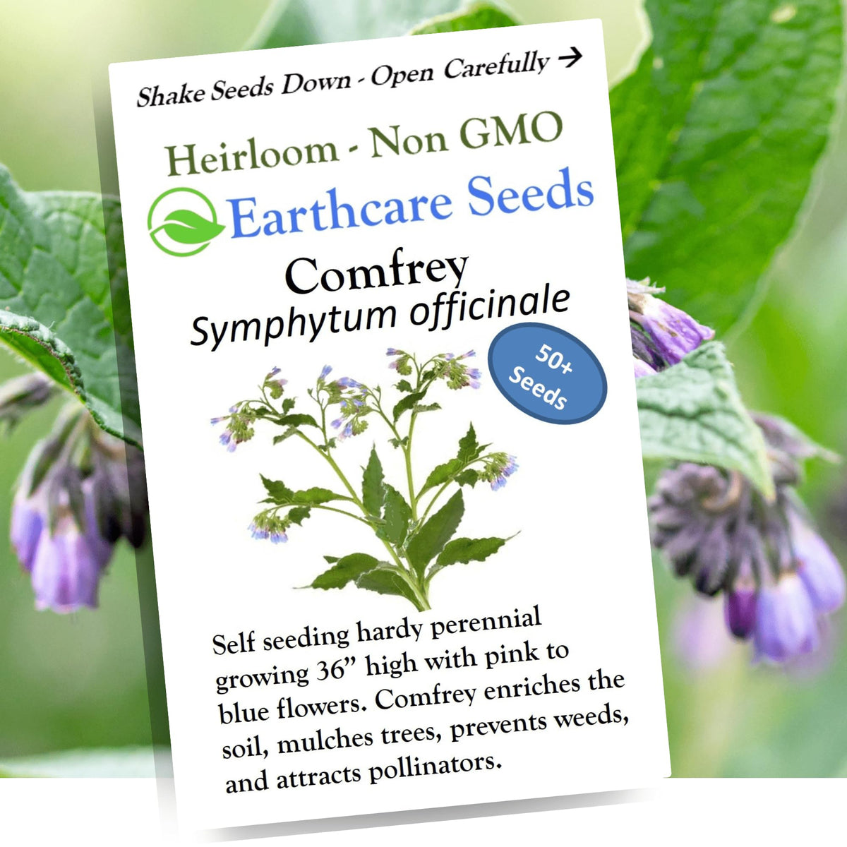 Earthcare Seeds True Comfrey seed packet with instructions for soil conditioning and long-term fertility.