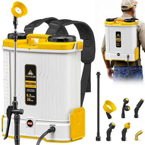 EarthCraft battery backpack sprayer with 5.3 gal capacity for lawn spraying.