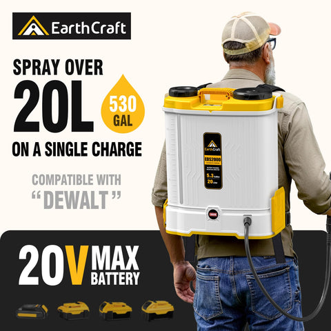 EarthCraft sprayer demonstrates DeWalt 20V battery compatibility for easy swaps.