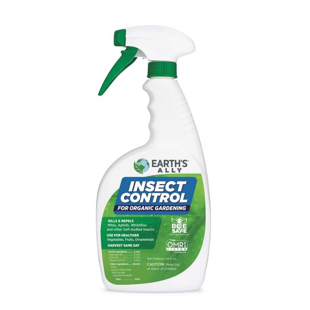 Earth's Ally insecticide spray bottle for plants, bee-safe and pet-friendly when used as directed.