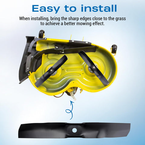Earthtec two-pack mower blades ready for replacement and longer care intervals.