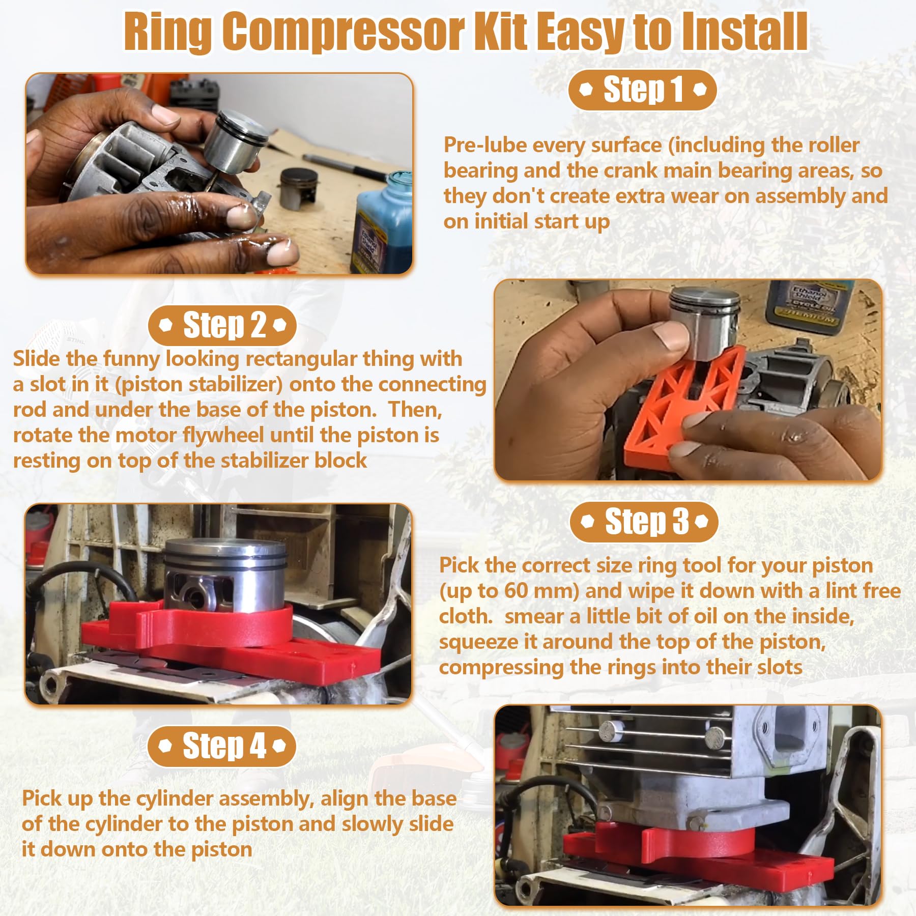Earthtec compression-rings-tool for careful squeezing and seating on the piston.
