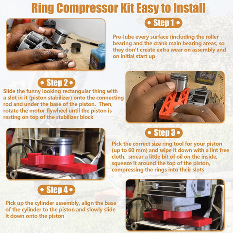 Earthtec compression-rings-tool for careful squeezing and seating on the piston.