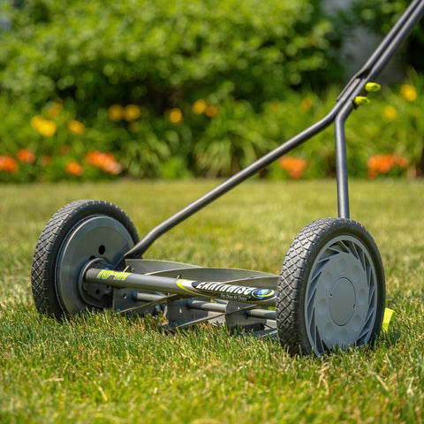Earthwise 1715-16EW in action on a tidy lawn delivering clean, precise edges.