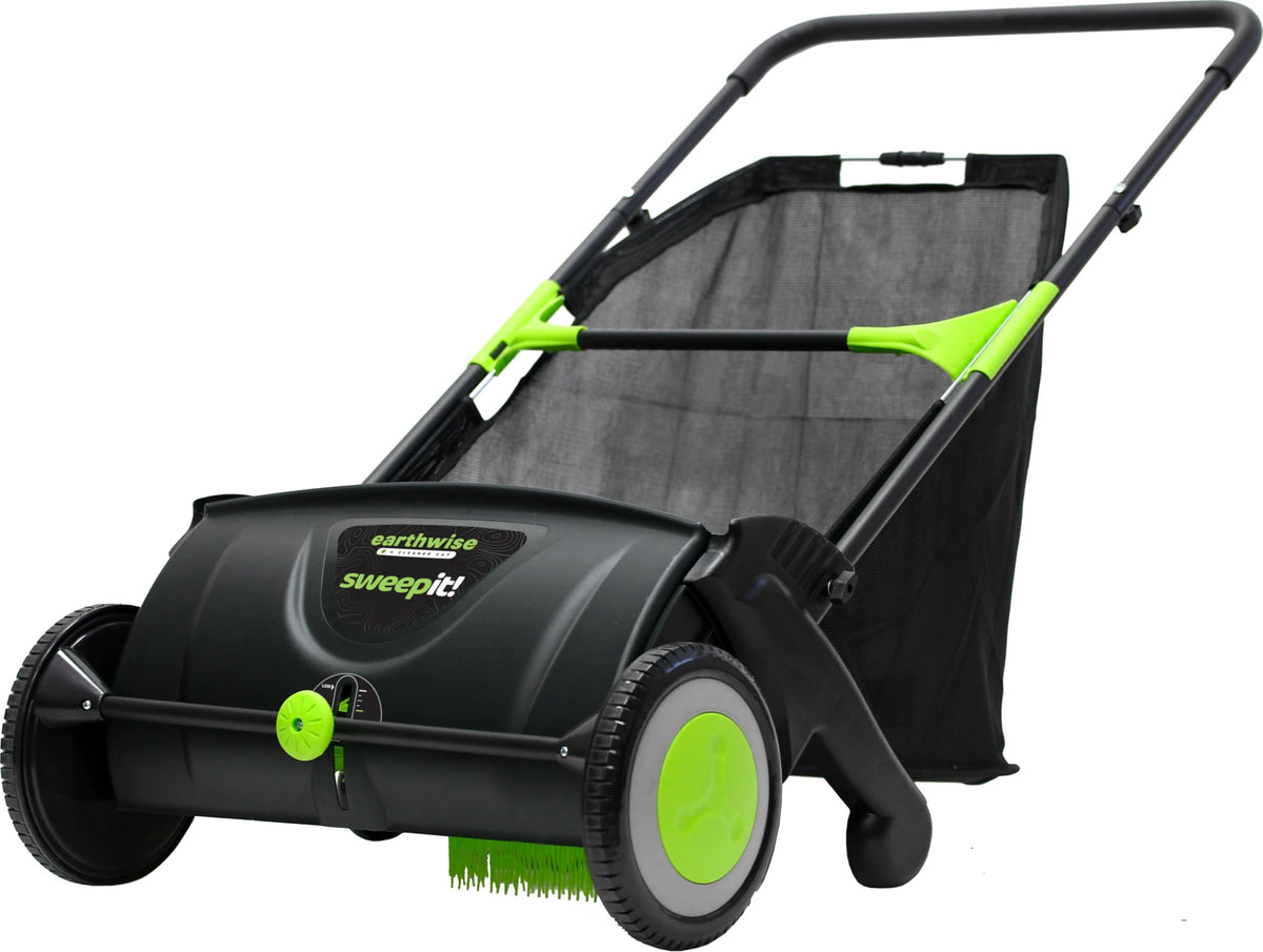 Earthwise LSW70021 21-inch sweeper in use on a lawn for efficient leaf cleanup