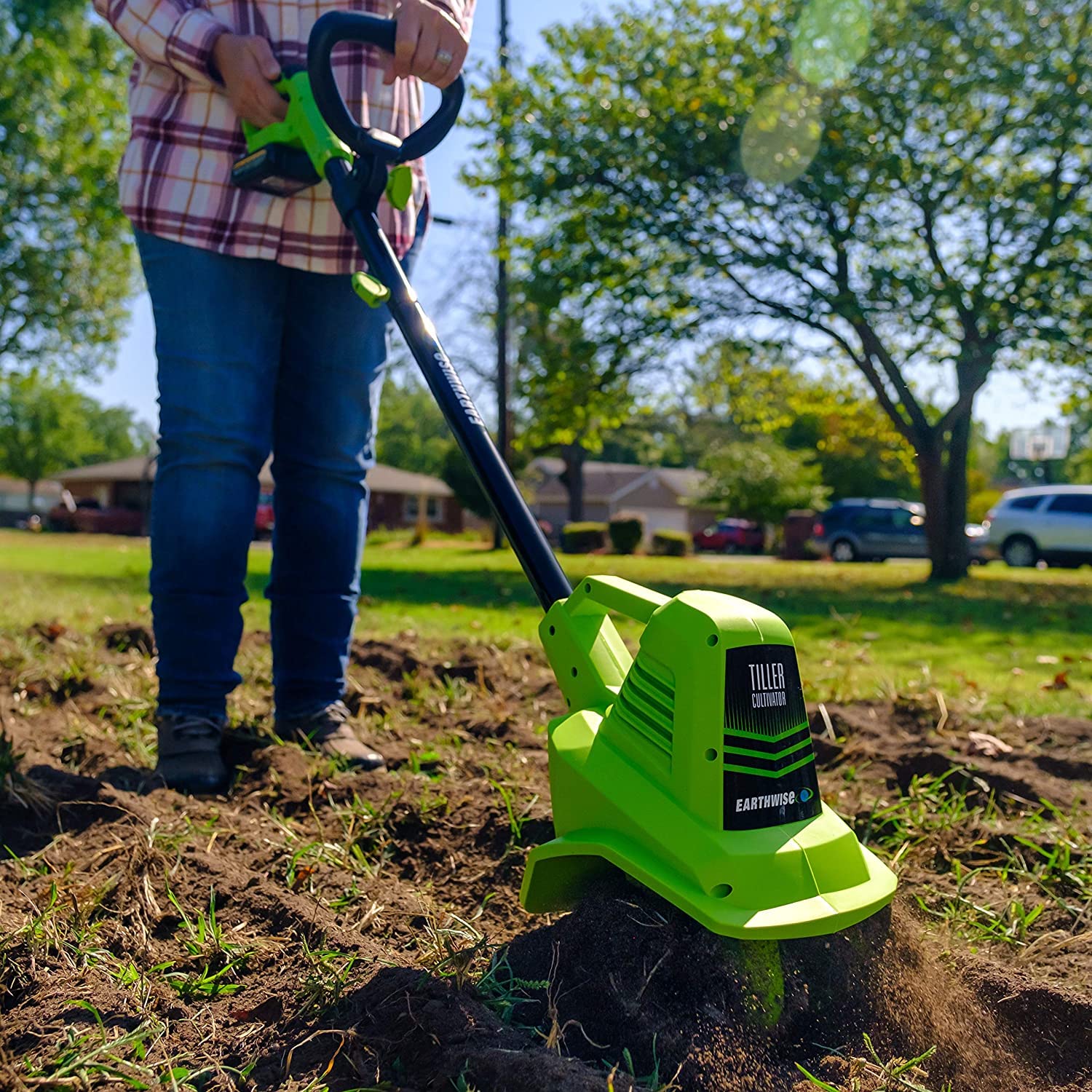 Earthwise Power Tiller battery pack included for cordless operation.