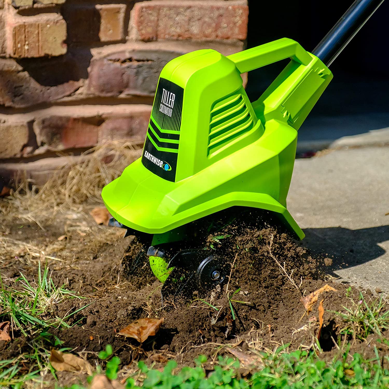 Earthwise Power Tiller fast charger shown for quick recharges.